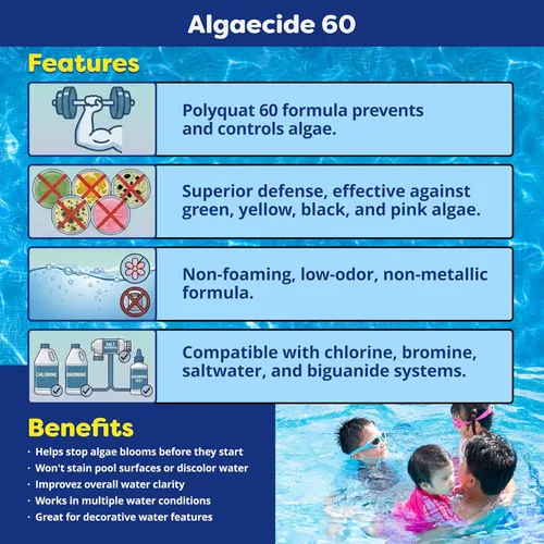 In The Swim Algaecide 60 Plus para piscinas, no metálico, de bajo olor, preventivo de floración de algas no espumantes, compatible con desinfectante