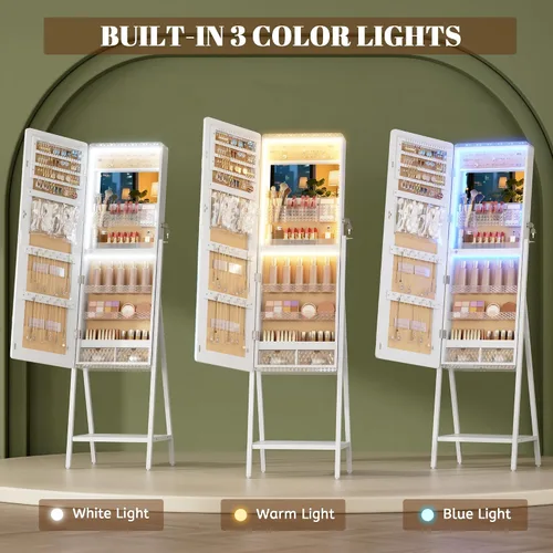 Miniatura 12 de LVSOMT Armario con espejo LED RGB para joyería, organizador de joyas de pie, espejo de cuerpo entero con almacenamiento de joyas, espejo de piso
