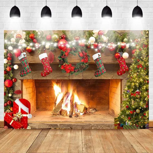 Miniatura 2 de Mocsicka Telón de fondo de chimenea de 5 x 3 pies, decoración de fiesta familiar, decoración de fotos de fotos, calcetines de Navidad, árboles