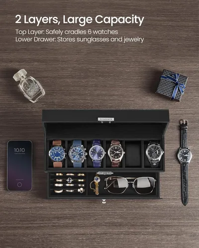 Miniatura 12 de SONGMICS UJWB012 - Caja de reloj de 12 ranuras, caja de reloj con cerradura con tapa de vidrio, 2 capas, con 1 cajón para anillos, pulseras, idea
