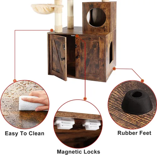 Miniatura 6 de Timberer Árbol para gatos con torre y caja de arena, refugio para gatos de madera 2-en-1 con poste de rascar de sisal, hamaca, marrón