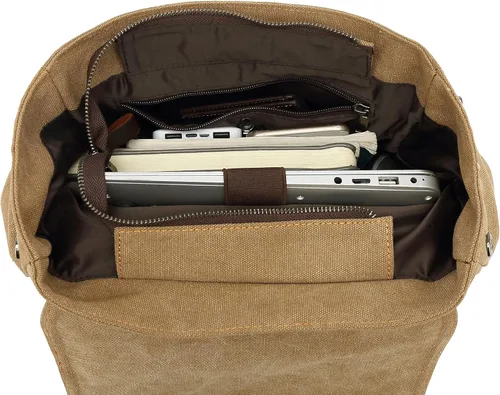 Miniatura 5 de HuaChen Mochila de lona, mochila vintage para laptop de 14 pulgadas, mochila de viaje y senderismo con bolsillo antirrobo, ribete de cuero genuino