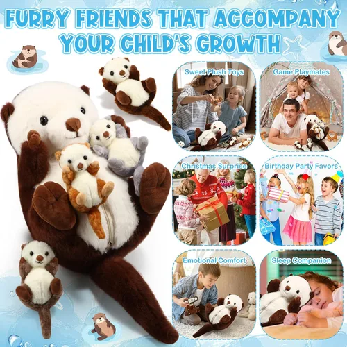Miniatura 6 de Shappy 5 Piezas Animales de Peluche de Nutria Marina Grande Mamá Nutria Marina de Peluche con 4 Lindos Bebés en su Vientre con Cremallera Peluches