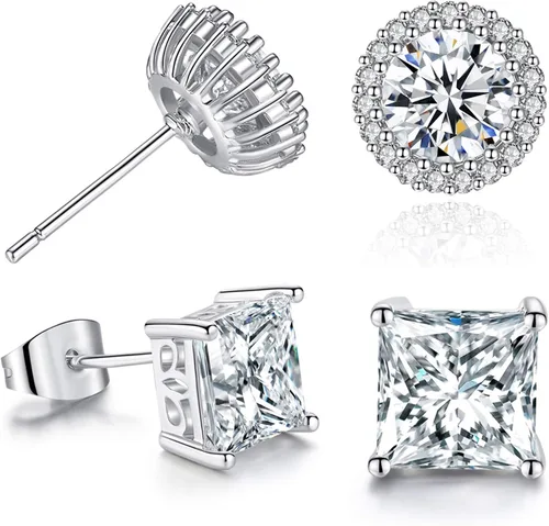Juego de 2 pares de aretes tipo dormilona para mujer, corona redonda cuadrada, delicada circonita cúbica, plata, hipoalergénicos, aretes para