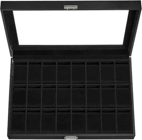 Miniatura 23 de SONGMICS 24 organizador y exhibidor negro de calidad superior, de vidrio, con funda para reloj, de piel sintética UJWB024