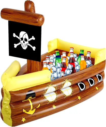 Miniatura 10 de Zhanmai Enfriador inflable de bebida de barco pirata, contenedor de comida inflable para verano, carnaval, Mardi Gras, fiesta de cumpleaños pirata