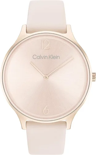 Calvin Klein Reloj con correa de cuero y clavel chapado iónico de cuarzo para mujer, color rubor (Modelo 25200009), Blush, Reloj de cuarzo