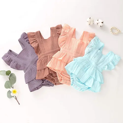 Miniatura 7 de Douhoow Mameluco de bebé niña mameluco con volantes de una sola pieza ropa de lino de algodón
