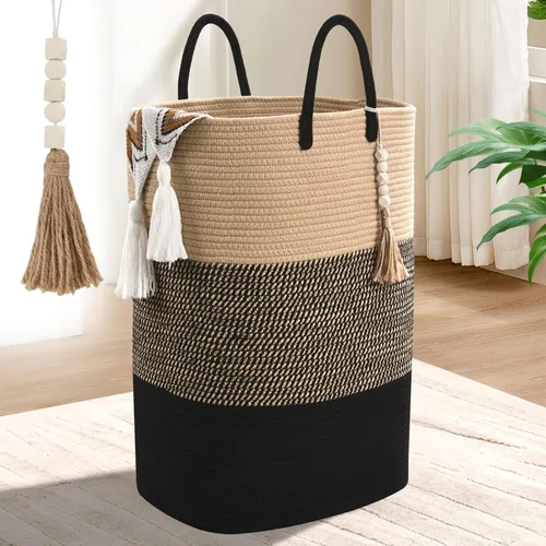 Miniatura 13 de Cesta Tejida de 65L para Ropa, Grandes Cestas de Lavandería Rectangulares con Cuentas y Borlas, Cesta de Almacenamiento para Guardería para Marrón