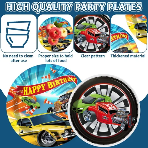 Miniatura 3 de 98 piezas de decoración de fiesta de coches de carreras para 24 invitados, juego de vajilla de coche de carreras, servilletas, mantel, suministros