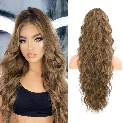 Miniatura 15 de FLUFYMOOZ Extensión de Cola de Caballo, Extensiones de Cabello de Cola de Caballo con Cordón de 26 Pulgadas para Mujeres, Postizo de Cabello