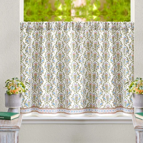 Miniatura 12 de Saffron Marigold Cortinas de Algodón de Media Cocina para Ventanas Pequeñas, Baño y Café Estampadas a Mano con Bloque Moonlit Taj - Diseño Bohemio