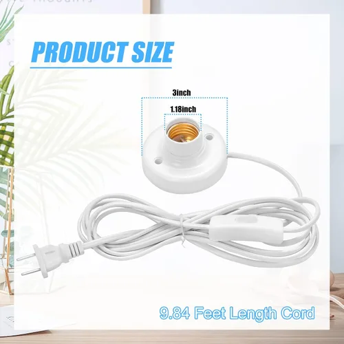 Miniatura 2 de 1 enchufe de luz de 9.84 pies con cable E26/E27 con interruptor de encendido/apagado, extensión de cable de luz colgante, para iluminación