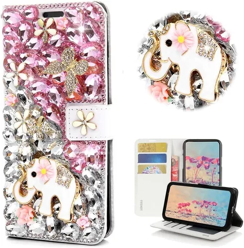 Miniatura 15 de Bling - Funda tipo cartera para teléfono compatible con Samsung Galaxy Z Fold 3 5G, elegante, hecha a mano en 3D con lazo de cristal, bolsa de rosa