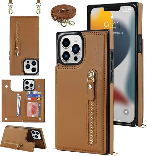 Miniatura 24 de Funda cruzada para teléfono iPhone 13 Pro Max de cuero con tarjetero, funda protectora extraíble, correa de cuero ajustable con botón, compatible
