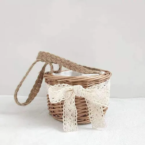 Miniatura 6 de Cestas de flores para niñas, 2 paquetes de cestas de flores tejidas rústicas portátiles para niños, cestas de mimbre hechas a mano de 5.1 pulgadas