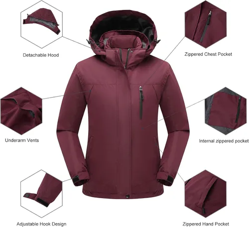 Miniatura 6 de PTSOC Womens 3 in 1 Waterproof Ski Jacket Warm Winter Snow Coat Windproof Hooded Snowboarding Raincoat