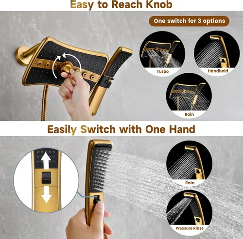 Miniatura 3 de BRIGHT SHOWERS Cabezal de ducha doble con mano, cabezal de ducha de lluvia de alta presión, manguera de acero inoxidable de 60 pulgadas, oro Oro