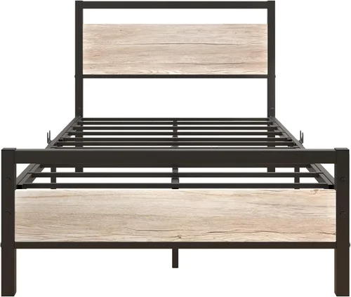 Miniatura 4 de HOJINLINERO Marco de cama individual con cabecera de madera, marco de cama de metal con plataforma individual, no necesita somier, listones de acero