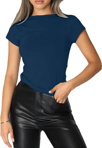 Miniatura 2 de ANGGREK Womens Summer Short Sleeve Skinny Tight Crop Tops Tee Shirt Workout Casual Basic Crew Neck Slim Fit Y2k T-Shirts
