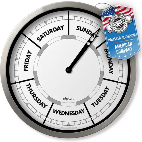 Reloj del día de la semana con marco de aluminio – Reloj de pared con calendario – Regalo de jubilación ideal para hombres y mujeres – 10 pulgadas