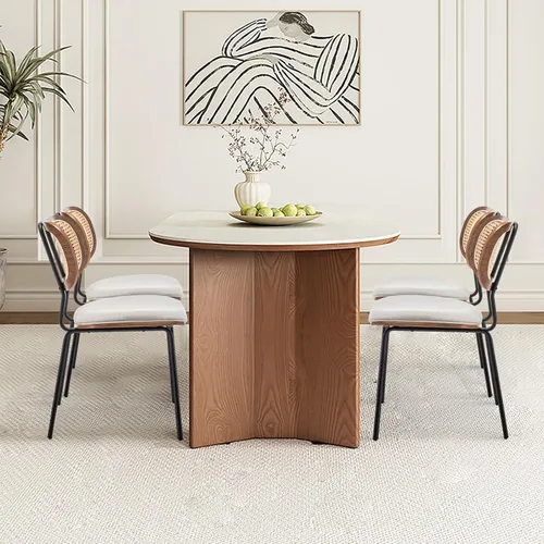 Miniatura 5 de Juego de 2 sillas de comedor de ratán, sillas de comedor modernas de mediados de siglo con respaldo de caña para cocina y comedor, tela de 19 beige