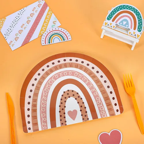 Miniatura 3 de AnyDesign Platos de papel boho arco iris, platos de postre desechables retro hippie para suministros de fiesta de cumpleaños, decoración de mesa