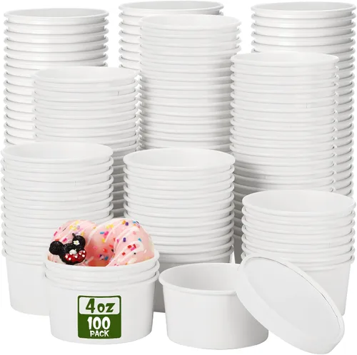Miniatura 20 de Fulmoon Paquete de 100 recipientes de papel para sopa con tapas, recipientes de papel desechables para alimentos con tapa ventilada, tazas de postre