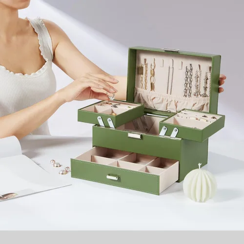Miniatura 2 de Joyero de 3 capas grande de cuero organizador de joyas para mujeres y niñas, elegante y bien organizado para aretes, anillos, collares, pulseras