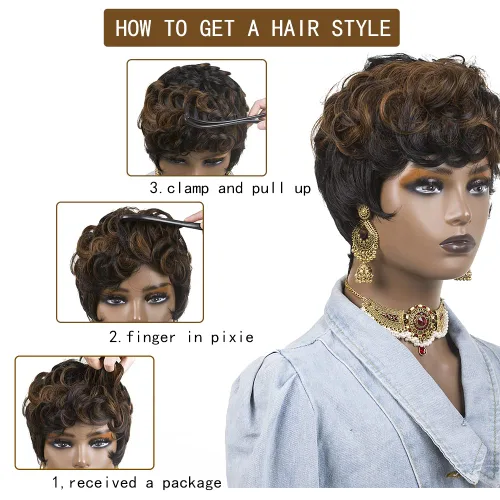 Miniatura 3 de Pelucas cortas de corte Pixie para mujeres negras, pelucas de corte Pixie con flequillo, negro mezclado con marrón, pelucas rizadas cortas