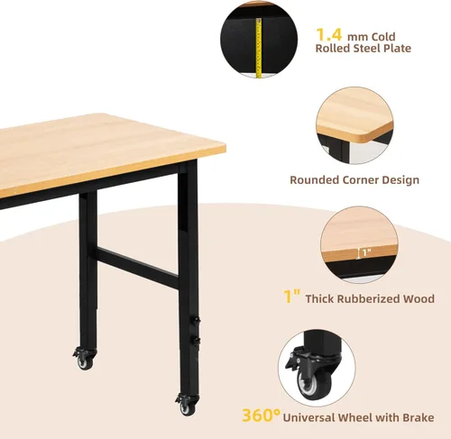 Miniatura 3 de Banco de trabajo ajustable de 48 pulgadas con ruedas, mesa de trabajo rodante para garaje, banco de trabajo de madera dura de capacidad de 2000