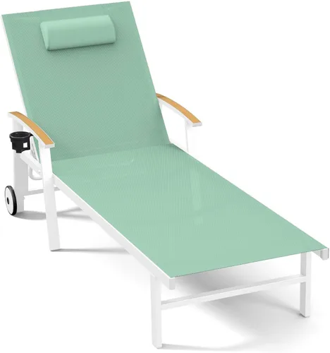 Miniatura 10 de Ciokea Sillón para exteriores con almohada, tumbona de aluminio de 5 posiciones con ruedas y reposabrazos, silla de piscina resistente de 400 libras