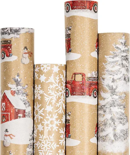 Miniatura 9 de RUSPEPA - Papel para envolver regalos de Navidad, papel kraft – diseños de ciervos, copos de nieve y cuadros – 4 rollos – 30 pulgadas x 10 pies por