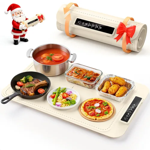 Tapete de calentamiento para alimentos – Bandeja de calentamiento eléctrica con 4 ajustes de temperatura y temporizador, alfombrilla portátil