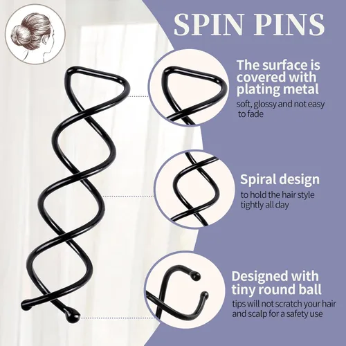 Miniatura 3 de FANDAMEI 50 horquillas para el cabello en espiral, puntas redondas que no rayan, con tornillo giratorio para mujer, estilo de moño, bricolaje, Negro