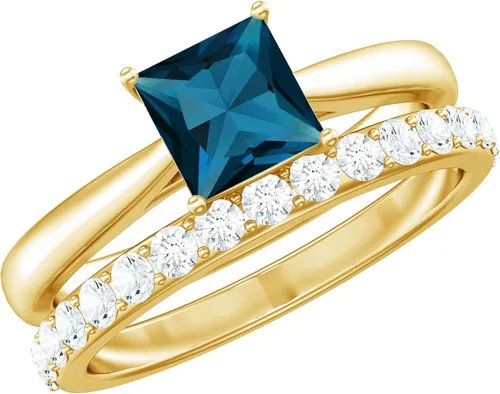 Juego de anillos de boda de topacio azul Londres con diamante, juego de anillos solitarios de topacio azul de corte princesa para mujer (calidad AAA)