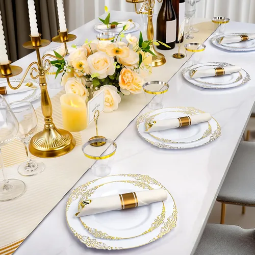 Miniatura 7 de Realluck 350 piezas platos de plástico blanco y dorado, juego de vajilla de plástico para 50 invitados, 100 platos desechables, 150 cubiertos, 50