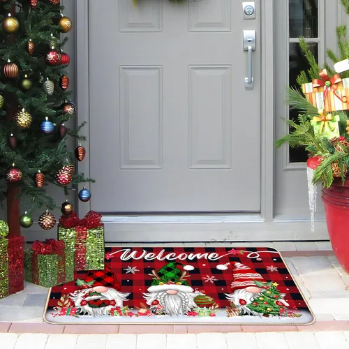 Miniatura 7 de TREWAVE Tapete Decorativo de Bienvenida Navideño Tapete de Puerta con Gnomo Navideño Base Antideslizante de Goma Tapete de Piso Estacional