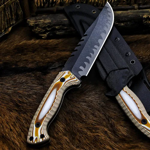 Miniatura 6 de BA-KOR Cuchillo de caza de hoja fija de tang completo de 12.4 pulgadas – acero 9CR18MoV de 6mm, mango G10, hoja de sierra dentada lavada a la piedra