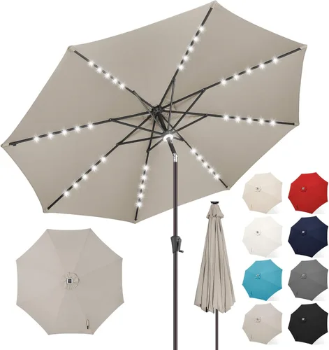 Miniatura 18 de FLAME&SHADE Sombrilla de patio con luz solar de 7.5 pies, 24 luces LED, sombrilla para exteriores con luz envolvente central, sombrilla de mesa