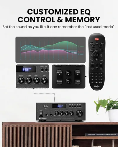 Miniatura 4 de Moukey Amplificador de audio para el hogar, receptores estéreo de 2.0 canales con Bluetooth 5.3, control remoto de funciones completas, FM, RCA