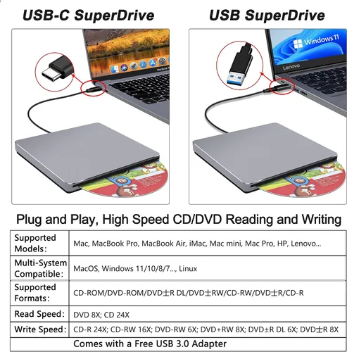 Miniatura 2 de Unidad de CD externa para Mac: USB C reproductor de grabadora de DVD SuperDrive para portátil Windows Apple Plug & Play Copia de seguridad de datos