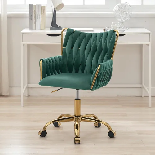 Miniatura 16 de ABET Silla de escritorio de oficina sin ruedas, silla de tocador de terciopelo tejido con respaldo y reposabrazos, cómoda y tapizada con patas