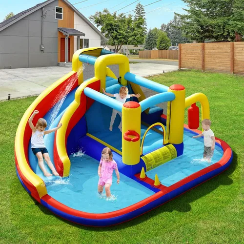 Miniatura 4 de HONEY JOY Tobogán acuático inflable, parque acuático inflable gigante 7 en 1 para niños pequeños con piscina de salpicaduras, casa de rebote de agua