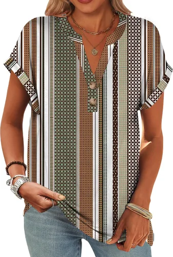 Miniatura 18 de ANRABESS - Camisetas Henley de manga corta para mujer, cuello en V, elegantes, estilo informal, de corte suelto; blusas fluidas de verano, ropa