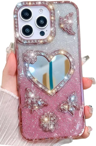 Miniatura 11 de Bonita funda compatible con iPhone 13 Pro de 6.1 pulgadas, diamantes brillantes + fundas de tarjetas con purpurina con soporte de corazón de amor