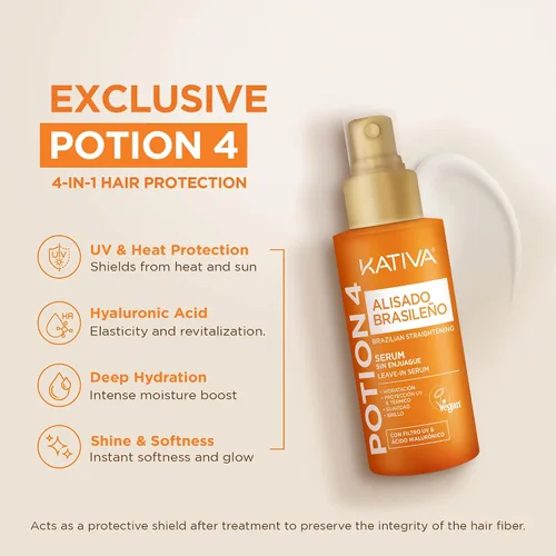 Miniatura 5 de KATIVA Kit de alisado de queratina brasileña - Keratina Alisado Brasileño + suero protector de calor Potion 4, suavizante, antiencrespamiento, ácido