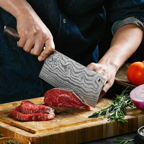 Miniatura 3 de Sunnecko Cuchillo de carnicero de 7 pulgadas, cuchillo chino de acero inoxidable de alto carbono con mango de madera, cuchilla afilada para carne