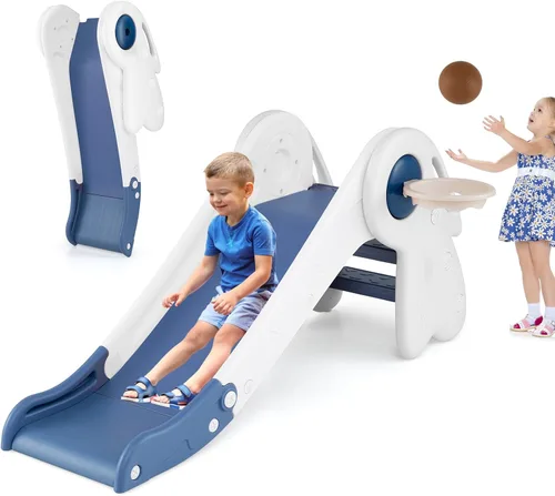 Miniatura 10 de BABY JOY Tobogán plegable para niños pequeños, juego independiente de escalador para bebés con aro de baloncesto, juego de tobogán para niños