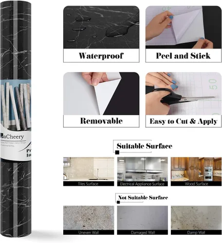 Miniatura 7 de LACHEERY Papel de contacto de mármol negro decorativo autoadhesivo para encimeras, 12 x 160 pulgadas, papel tapiz negro para encimeras de gabinetes